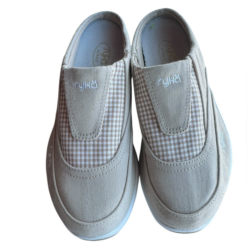 NWOB Ryka Tan Canvas Plaid Slip On Mule Clog 6.5 Round Toe Neutral